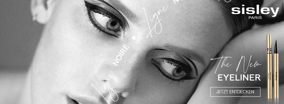 Werbung für Sisley Paris Eyeliner. Nahaufnahme eines weiblichen Gesichts in Schwarz-Weiß mit stark betontem, künstlerisch geschwungenem Lidstrich. Rechts unten ist ein goldfarbener Eyeliner mit offenem Deckel zu sehen. Darüber steht: 'The New EYELINER'. Ein Button mit der Aufschrift 'JETZT ENTDECKEN' ist ebenfalls vorhanden. Im Bild ist mehrfach der Schriftzug 'Ligne Noire' zu sehen.